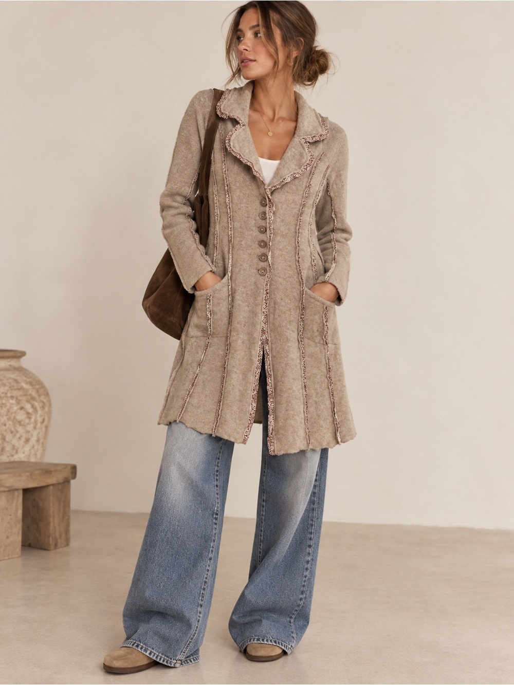 Anthropologie Sleeping on Snow 100% Wool Duster Coat Boho Ruffle Size Small